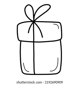La caja de regalo está cerrada y decorada con un arco. Caja de regalo sorpresa de Año Nuevo. Dibujo manual. Buen dibujo. Dibujo en blanco y negro. Vector. Icono.