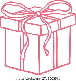 Una caja de regalo con una tapa cerrada, atada con una cinta, dibujada a mano, color de contorno rosa, estilo doodle. Boda, Navidades y tema de cumpleaños. Vector ilustración de dibujos animados. Fondo aislado.