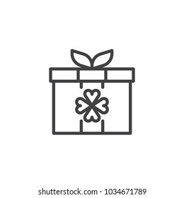 Gift box with clover outline icon. linear style sign for mobile concept and web design. St. Patrick Day package simple line vector icon. Symbol, logo illustration.