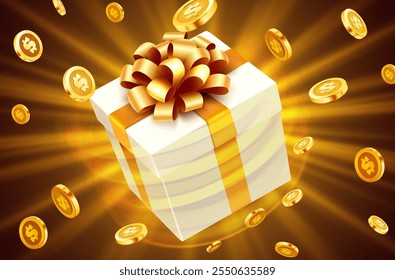 Gift box with coin explosion. Big win concept. Vector illustration