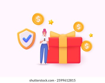 Gift box with coin explosion. Perfect for loyalty programs, cash rewards. Bright and attractive design for promotion. 3D Web Vector Illustrations.