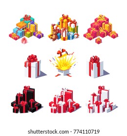 Gift box collection. Colorful piles of decorated presents. Isometric view gift box decor set. Wrapped cardboard presents with ribbon bows. Flat style vector illustration on white background. svg