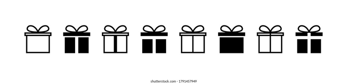 Gift. Gift box collection with ribbons. Christmas gift icons, isolated. Surprise box vector icons in a row. Vector illustration.