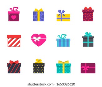 Gift box color flat illustrations. Gift box icon set isolated on white background. Gift box vector icons for web, mobile apps, ui design and print. Holiday shopping business concept