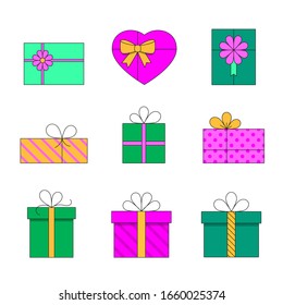 Ilustraciones planas en color de caja de regalo. Iconos de contorno rellenos de cajas de regalo aislados en fondo blanco. Ilustraciones vectoriales de cajas de regalo para web, aplicación móvil, diseño e impresión. Concepto de compras de vacaciones