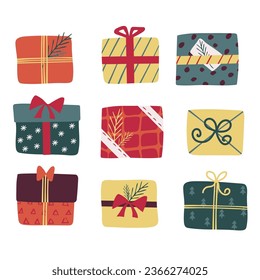 Gift box color set. Isolated icon present with ribbon. Christmas, new year, birthday present.