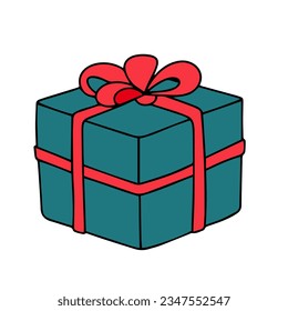 Gift box colored outline. Hand drawn present box in doodle style isolated on white background. Holiday icon decor. Vector illustraiton.