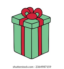 Gift box colored outline. Hand drawn present box in doodle style. Vector illustration.