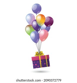 Gift box with colorful balloons air floating vector illustration