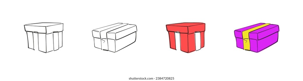Conjunto de doodles coloridos de la caja de regalo. Ilustración de estilo de esbozo del vector del paquete actual. Decoración navideña.