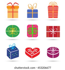 Gift box colorful icon set different styles. Vector illustration