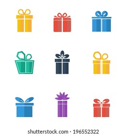 Gift box colorful icons set on white background. Different styles. Holiday Presents. Vector illustration.