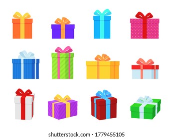 Gift box. Colorful present boxes with bright ribbons, bows and ornaments, modern packing for christmas or birthday gifts, decorative stylish wrap flat vector set