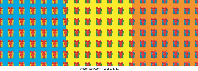 Gift box colorful seamless pattern. Holiday presents background design for wrapping paper, textile, fabric. Blue, yellow, orange backdrop. Birthday gifts.
