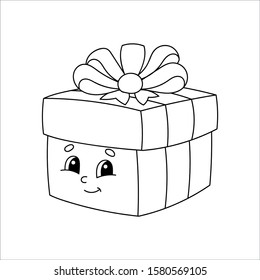 Gift box. Coloring book for kids. Cheerful character. Vector illustration. Cute cartoon style. Fantasy page for children. Black contour silhouette. Isolated on white background.