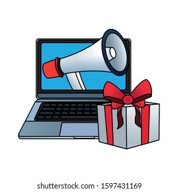 gift box and computer with megaphone on screen over white background, vector illustration
