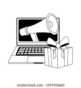 gift box and computer with megaphone on screen over white background, flat design, vector illustration