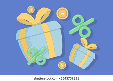gift box concept, Gifts and bonuses or special promotions with coins and percentage signs. online shopping promotions and gift box coins. special offers, advertising, special offers, promotions.
