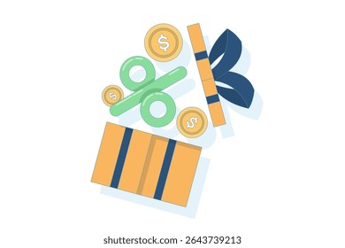 gift box concept, Gifts and bonuses or special promotions with coins and percentage signs. online shopping promotions and gift box coins. special offers, advertising, special offers, promotions.