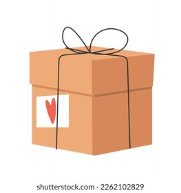 Concepto de caja de regalo. Presente o sorpresivo en papel de envolver marrón con corazón rojo. Publicidad y marketing, ventas. Festividades y festivales, fiesta de cumpleaños o día de San Valentín. Dibujo vectorial plano de dibujos animados