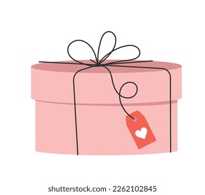 Gift box concept. Present or surprise in pink wrapping paper with price tag. Marketing poster or banner for website, advertising and promotion of goods on Internet. Cartoon flat vector illustration