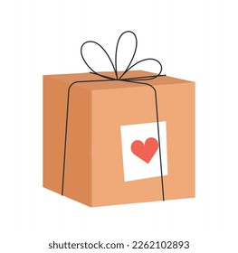 Gift box concept. Present or surprise in brown wrapping paper with red heart. Charitry and donation. Valentines Day, birthday or 8 march. Cartoon flat vector illustration