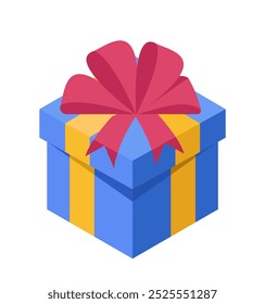 Conceito de caixa de presente. Presente e surpresa em caixa de presente azul com arco vermelho. Feriado e festival. Ano Novo e aniversário. Natal e véspera de Noel. Ilustração de vetor isométrico isolado no fundo branco