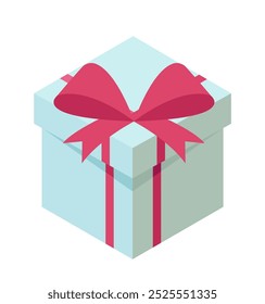 Gift box concept. Present and surprise in blue giftbox with red bow. Holiday and festival. New Year and birthday. Packaging for gift. Isometric vector illustration isolated on white background