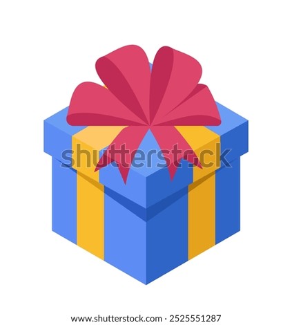Gift box concept. Present and surprise in blue giftbox with red bow. Holiday and festival. New Year and birthday. Christmas and Noel Eve. Isometric vector illustration isolated on white background