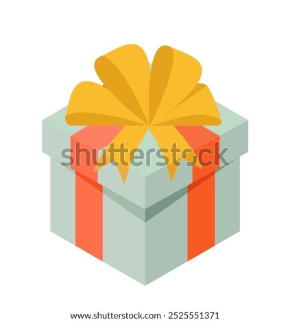 Gift box concept. Present and surprise in green giftbox with yellow bow. Holiday and festival. New Year and birthday. Social media sticker. Isometric vector illustration isolated on white background