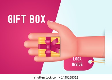 Gift box concept. Yellow gift box on the palm. Cartoon vector illustration