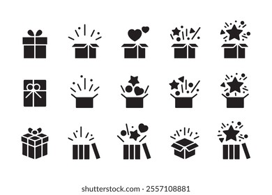 Gift box confetti explosion icon. collection of black silhouette style gift boxes opened with confetti, balloons, hearts, fireworks and other surprise elements isometric icons.