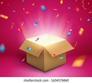 Gift box confetti explosion. Magic open surprise gift box package decoration.