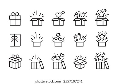 Gift box confetti explosion outline icon. collection of gift boxes of various styles opened with confetti, balloons, hearts, fireworks and other surprise elements isometric icons