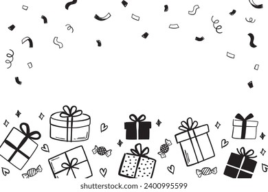 Gift box and confetti illustration, Vector hand drawn background illustration.