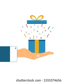 Gift box with confetti in a linear style with a bow. A gift with a surprise in hand. Holiday concept. Vector illustration in a flat style.