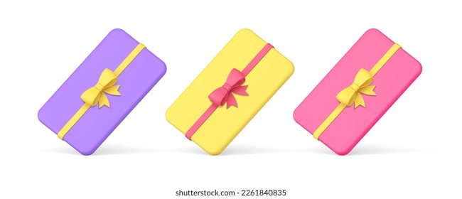 Gift box container slim package isometric case for present festive celebration 3d icon set realistic vector illustration. Long rectangle wrapped package for smartphone chocolate bar storage carrying