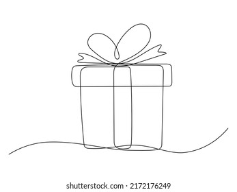 Cuadro de regalo de línea continua. Presentar símbolo cuadrado lineal. Sorpresa con señal de dibujo de cintas. Vector aislado en blanco.