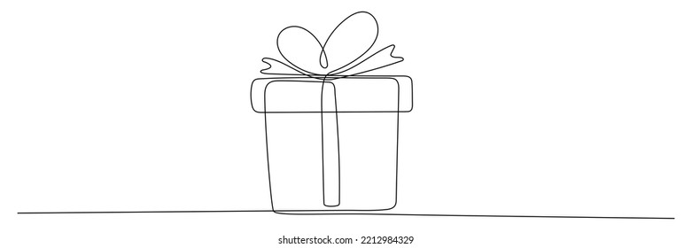 Gift box continuous line drawing. One line present with ribbon bow. Vector isolated on white.