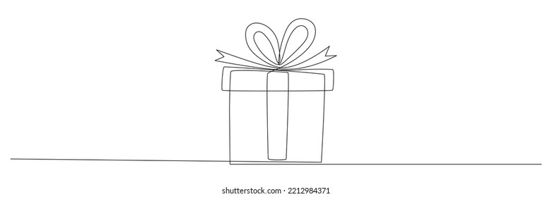 Gift box continuous line drawing. One line present with ribbon bow. Hand drawn surprise. Vector isolated on white.