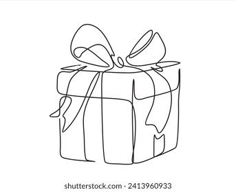 Gift box continuous line drawing. One line present with ribbon bow. Vector isolated on white.