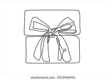 Gift box continuous line drawing. One line present with ribbon bow. Vector isolated on white.