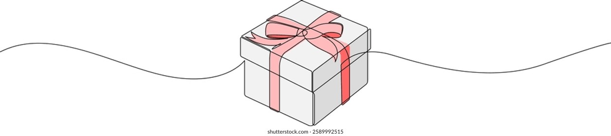 Gift box continuous line drawing. One line present with ribbon bow. Vector isolated on white.