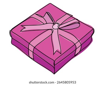 Geschenkbox in durchgehender Linienzeichnung auf weißem Hintergrund.