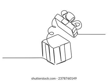 Gift box continuous one line drawing. Present box with ribbon and bow outline. Simple line art object. Vector illustration isolated on white background. Minimalist design handdrawn.