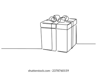 Geschenkbox durchgängig eine Linie zeichnen. Present Box mit Band und Bugumriss. Einfaches Kunstobjekt. Vektorgrafik einzeln auf weißem Hintergrund. Minimalistisches Design handgezeichnet.