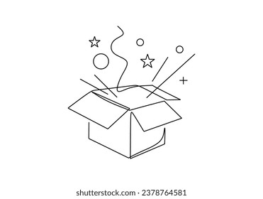 Gift box continuous one line drawing. Open box with confetti. Vector illustration isolated on white background. Minimalist design handdrawn.