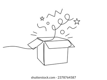 Gift box continuous one line drawing. Open box with confetti. Vector illustration isolated on white background. Minimalist design handdrawn.