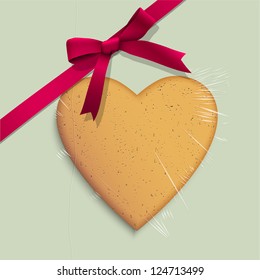 Gift Box With Cookie Of Heart Shaped Tied Pink Ribbon. Vector Illustration