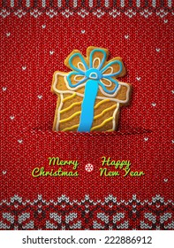 Gift box cookie on knitted background. Jumper fragment with holiday gingerbread. Qualitative vector (EPS-10) illustration for christmas, new year's day, winter holiday, new year's eve, silvester, etc